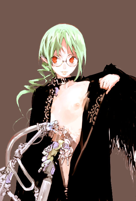 androgynous chest coat glasses green_hair male_focus nipples original pointy_ears red_eyes shirtless solo toi8