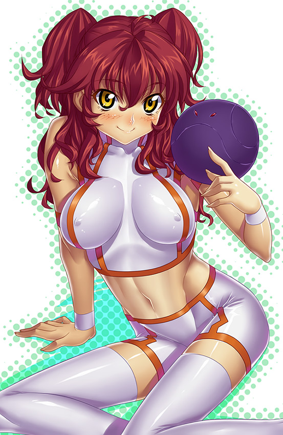 bad_haro bike_shorts blush breasts covered_nipples crop_top freckles gundam gundam_00 haro kink large_breasts nena_trinity red_hair solo thighhighs two_side_up yellow_eyes