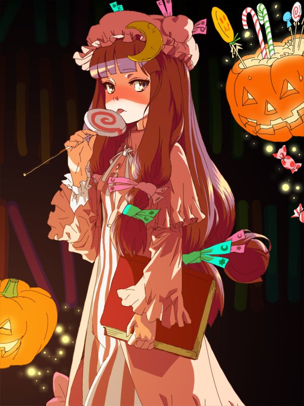 bad_id bad_pixiv_id baro book candy food halloween licking lollipop patchouli_knowledge solo swirl_lollipop touhou