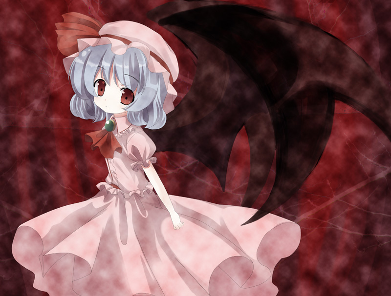 blue_hair hat omiso_(omiso) pink_hat red_eyes remilia_scarlet solo touhou wings