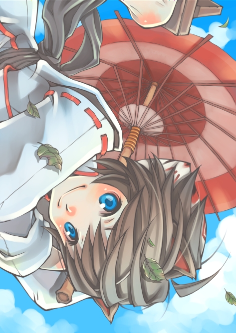blue_eyes japanese_clothes leaf oriental_umbrella original shabon solo umbrella umbrella_riding
