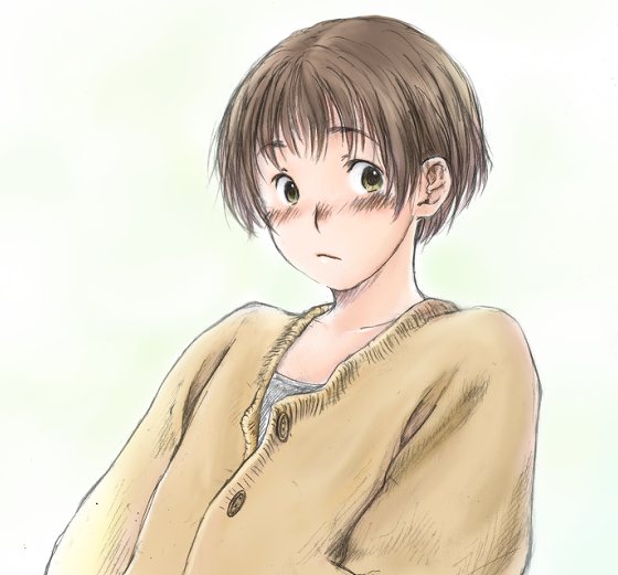 ass blush brown_hair collarbone eyebrows_visible_through_hair looking_at_viewer mokyusuke original short_hair simple_background solo sweater upper_body white_background yellow_eyes
