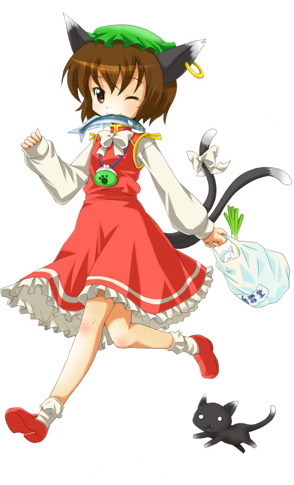 :3 animal_ears bag brown_eyes brown_hair cat cat_ears cat_tail chen earrings fish groceries hat jewelry michii_yuuki mouth_hold multiple_tails one_eye_closed ribbon short_hair solo spring_onion tail tail_ribbon touhou