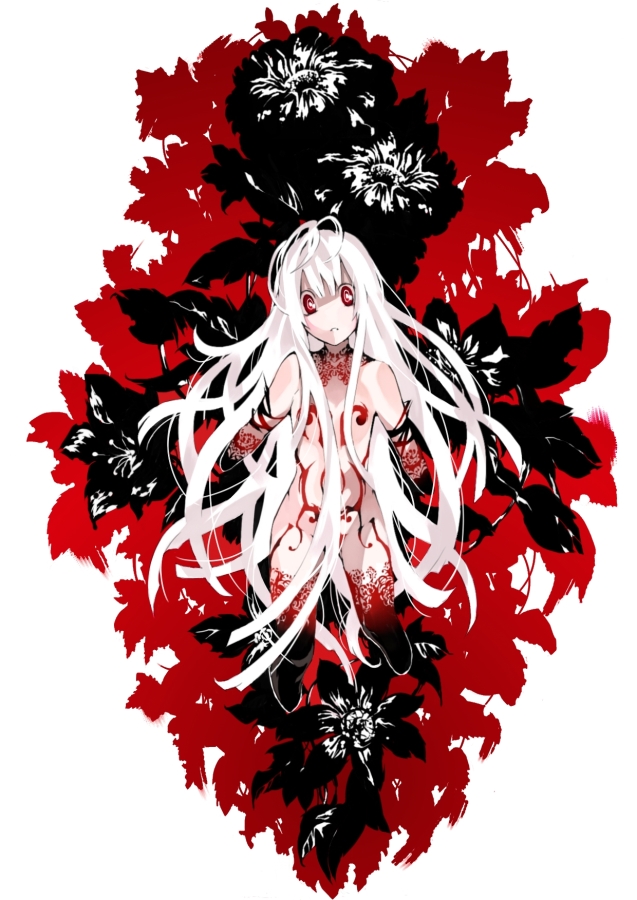 albino bodypaint censored convenient_censoring flower long_hair nude original palmeros red_eyes solo white_hair