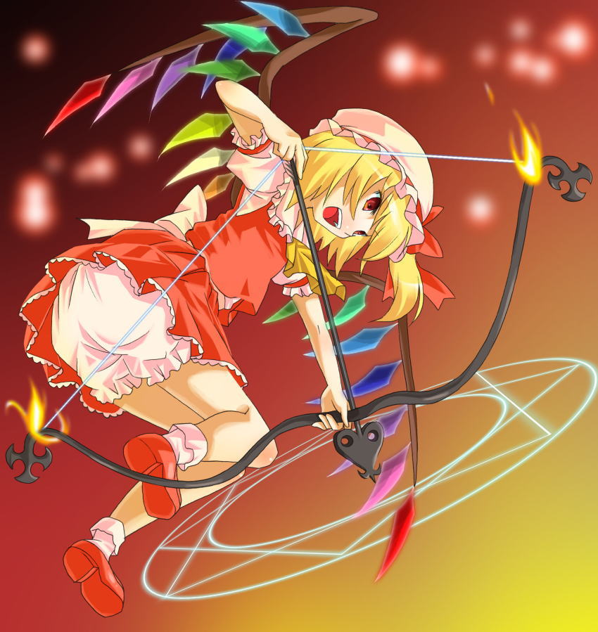 bloomers bow_(weapon) flandre_scarlet magic_circle michii_yuuki octagram solo star_of_lakshmi touhou underwear weapon white_bloomers wings