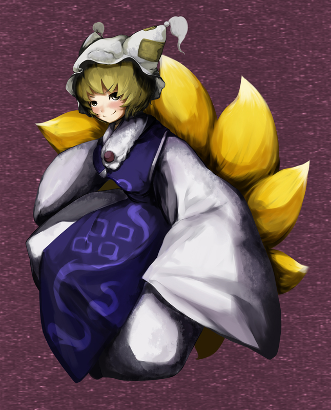 blonde_hair dress frills full_body hat laboto long_sleeves looking_at_viewer mob_cap ofuda pillow_hat red_background short_hair simple_background smile solo tabard tassel touhou white_dress wide_sleeves yakumo_ran