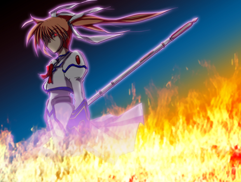 asano_yumemare bow emblem field fingerless_gloves fire floating_hair flower flower_field from_side gloves long_hair looking_afar lyrical_nanoha magazine_(weapon) magical_girl mahou_shoujo_lyrical_nanoha_strikers profile raising_heart red_bow red_hair solo takamachi_nanoha twintails white_devil wind