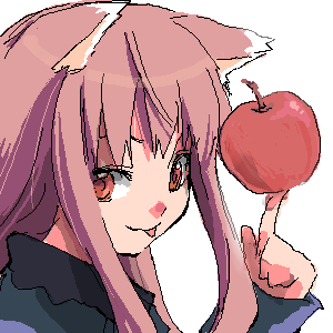 animal_ears apple artist_request balancing food fruit holo index_finger_raised lowres oekaki spice_and_wolf wolf_ears