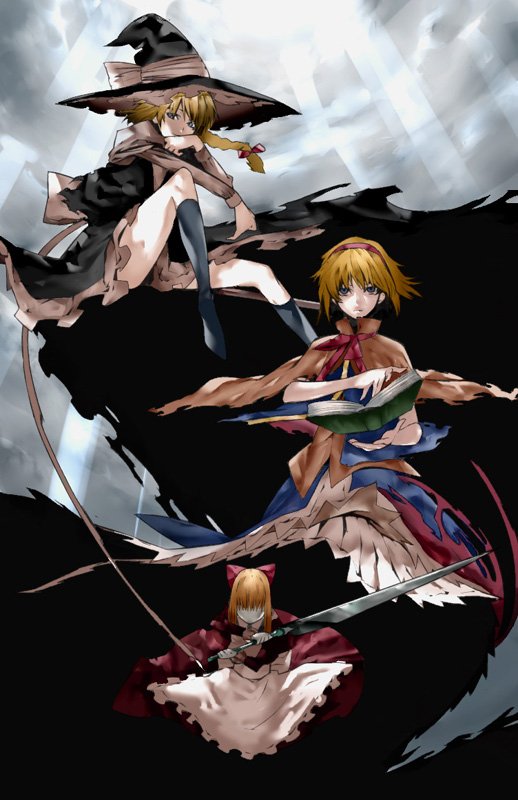 alice_margatroid blonde_hair book bow braid broom broom_riding capelet faceless floating_hair frills hairband hat head_rest holding holding_book hourai_doll kirisame_marisa legs long_hair looking_at_viewer multiple_girls onigunsou serious short_hair side_braid skirt sword touhou weapon witch_hat