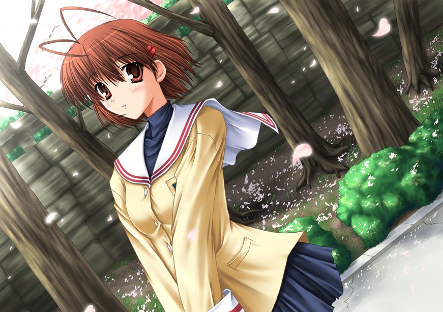 antenna_hair cherry_blossoms clannad furukawa_nagisa hikarizaka_private_high_school_uniform miyai_sen school_uniform solo