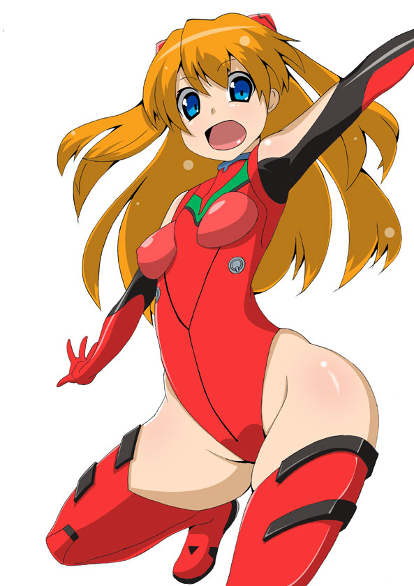 :d adapted_costume armpits bangs bare_shoulders blue_eyes boots breasts covered_nipples eyebrows_visible_through_hair from_side gloves groin happy headgear highleg highleg_leotard hips leotard long_hair looking_at_viewer neon_genesis_evangelion open_mouth orange_hair outstretched_arms pilot_suit plugsuit red_footwear red_leotard simple_background small_breasts smile solo souryuu_asuka_langley spread_arms spread_legs squatting thigh_boots thighhighs thighs toudori turtleneck white_background