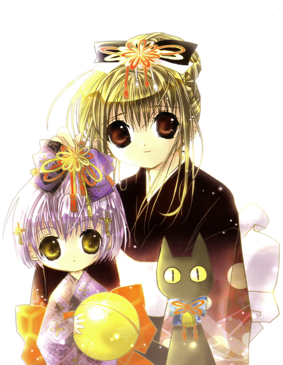 animal black_cat blush bow brown_bow brown_eyes brown_hair cat child collarbone fur green_eyes hair_bow hair_ornament height_difference highres japanese_clothes kimono koge_donbo looking_at_viewer multiple_girls nyaa-san pita_ten pointy_ears purple_hair scan shia_(pita_ten) shino_(pita_ten) simple_background slit_pupils smile upper_body white_background wide-eyed