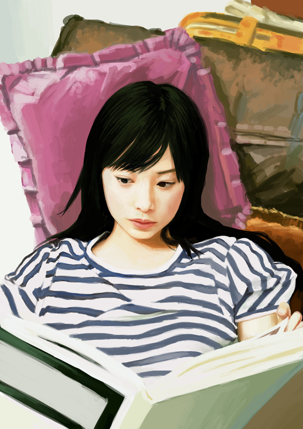 bangs black_eyes black_hair book frilled_pillow frills from_above holding holding_book looking_away open_book original photorealistic pillow reading realistic red_lips shirt short_sleeves solo striped striped_shirt swept_bangs t-shirt tamaru_tokihiko upper_body