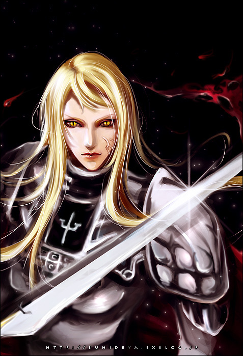 armor artist_request blonde_hair claymore claymore_(sword) galatea_(claymore) solo sword weapon yellow_eyes