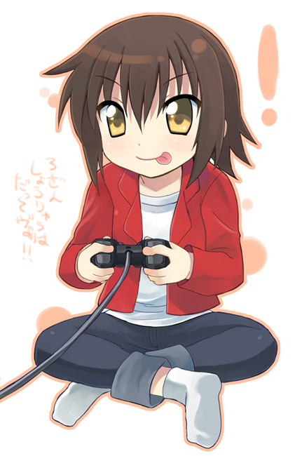 brown_hair game_console jacket kusakabe_misao lucky_star otoutogimi playing_games short_hair solo tongue video_game yellow_eyes