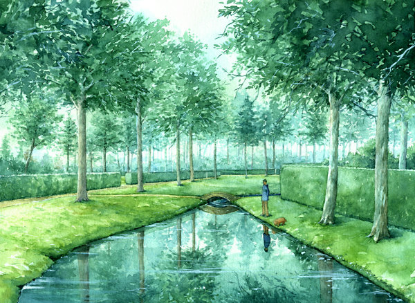 asa_no_kirisame bad_id bad_pixiv_id copyright_request day grass nature no_humans outdoors park river scenery sky traditional_media tree water
