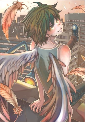 angel_wings city feathers lowres male_focus original shabon solo wings