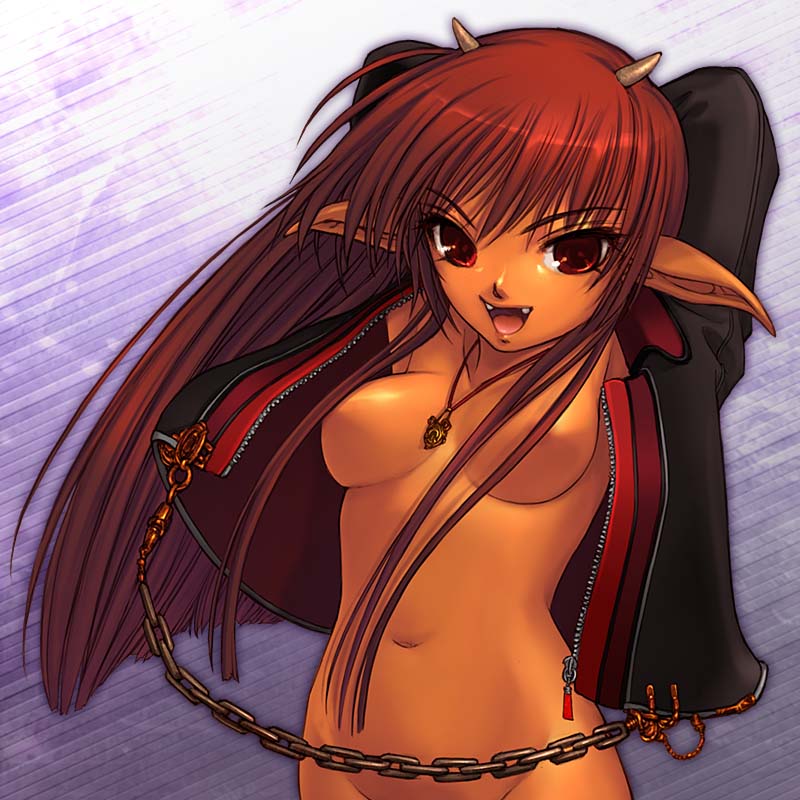 breasts chains demon fangs hips horns jacket midriff red_eyes red_hair