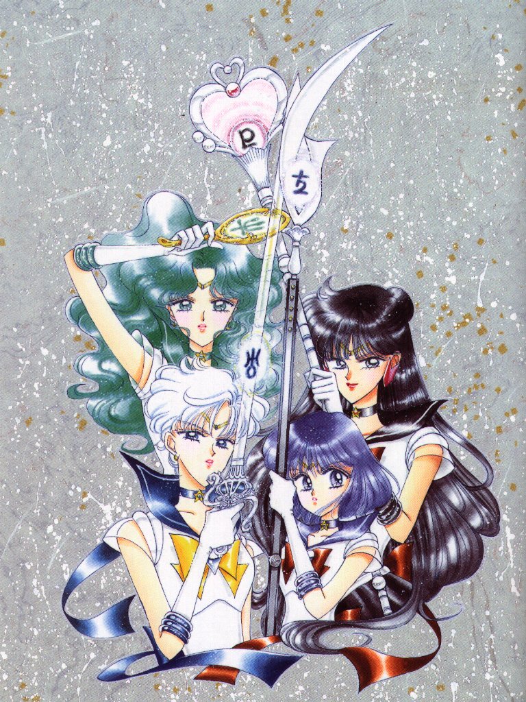 90s bishoujo_senshi_sailor_moon black_choker blue_choker blue_sailor_collar bow brown_bow choker deep_aqua_mirror garnet_rod half_updo holding holding_spear holding_staff holding_weapon kaiou_michiru magical_girl meiou_setsuna multiple_girls neptune_symbol official_art outer_senshi pluto_symbol polearm purple_sailor_collar sailor_collar sailor_neptune sailor_pluto sailor_saturn sailor_senshi sailor_senshi_uniform sailor_uranus saturn_symbol short_hair silence_glaive space_sword spear staff star star_choker super_sailor_neptune super_sailor_pluto super_sailor_saturn super_sailor_uranus sword takeuchi_naoko talisman ten'ou_haruka tomoe_hotaru uranus_symbol very_short_hair weapon yellow_bow