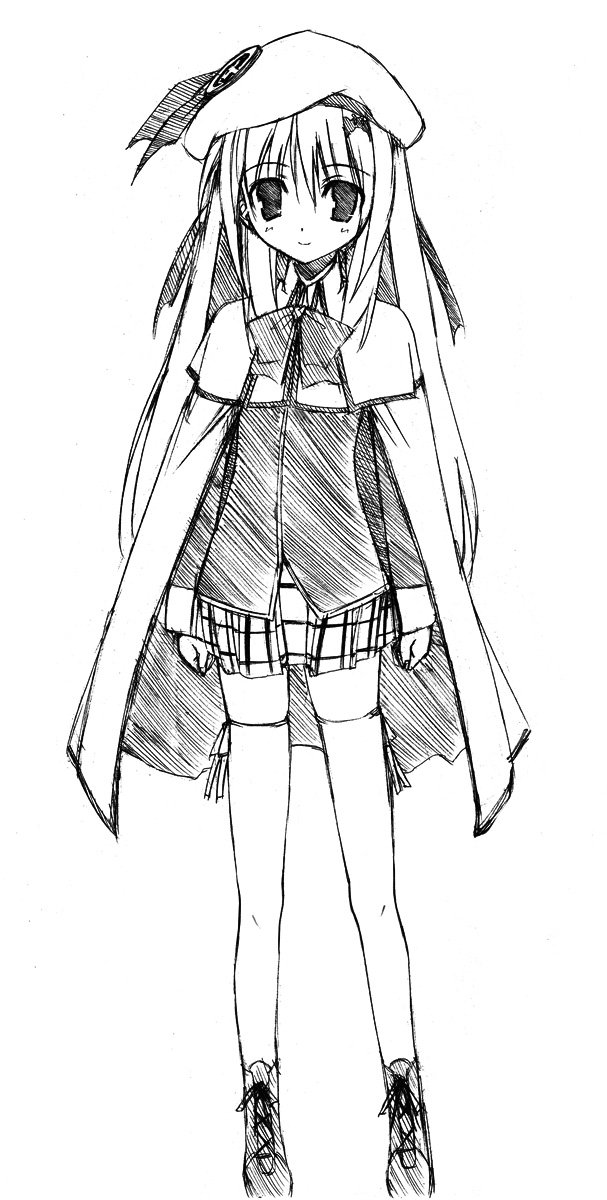 bad_id bad_pixiv_id beret buttons cape greyscale hat highres large_buttons little_busters! long_hair miyane_aki_(radical_dash) monochrome noumi_kudryavka plaid plaid_skirt sketch skirt solo thighhighs zettai_ryouiki