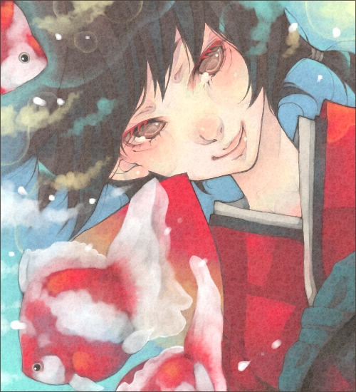 black_hair close-up fish japanese_clothes lips looking_at_viewer nose original shabon smile solo underwater upper_body