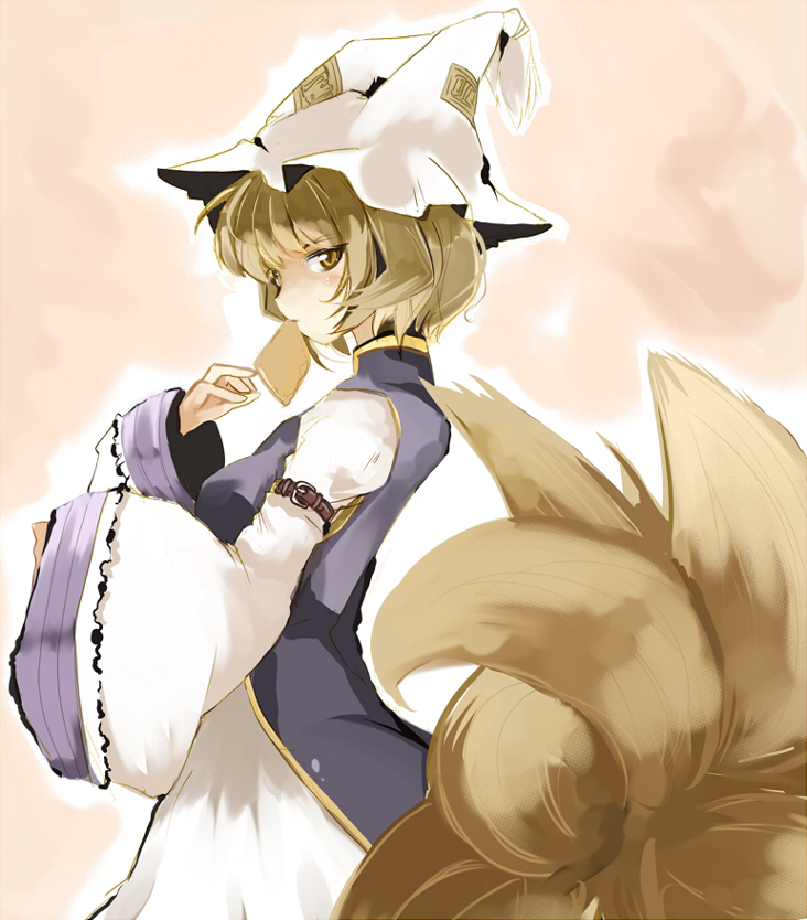 aburaage blonde_hair dress expressionless food fox_tail frills from_side hat long_sleeves looking_at_viewer looking_to_the_side mob_cap multiple_tails ofuda pillow_hat profile short_hair sleeves_past_wrists solo tabard tail takaharu tassel touhou white_dress wide_sleeves yakumo_ran