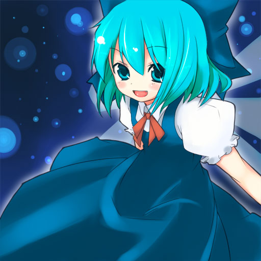 :d aqua_eyes aqua_hair artist_request blue_bow blue_dress bow child cirno collared_shirt dress eyebrows_visible_through_hair hair_bow looking_at_viewer neck_ribbon open_mouth puffy_short_sleeves puffy_sleeves red_ribbon ribbon shirt short_hair short_sleeves smile solo source_request touhou white_shirt wings