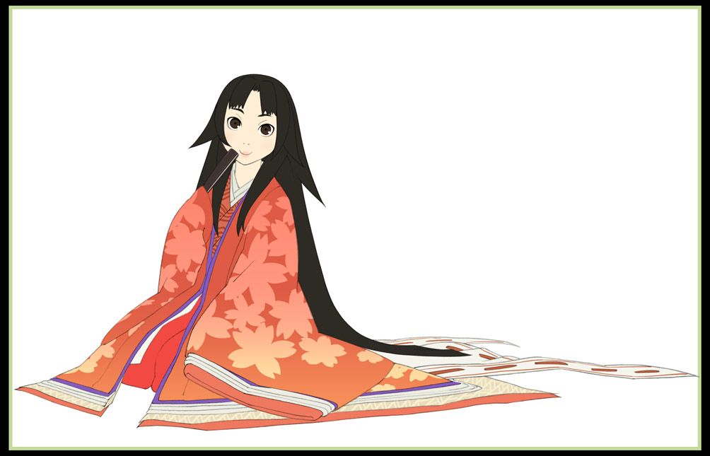 black_eyes black_hair fan folding_fan go_robots japanese_clothes kimono layered_clothing layered_kimono long_hair looking_at_viewer original solo very_long_hair