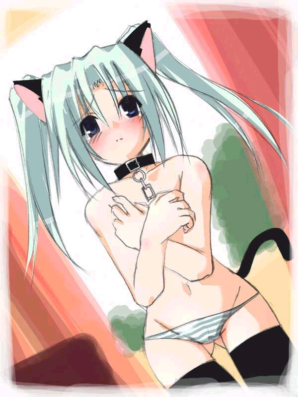 animal_ears artist_request copyright_request green_hair panties solo striped striped_panties tail thighhighs underwear