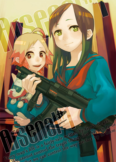 gun haruo_(clownberry) multiple_girls original school_uniform serafuku submachine_gun weapon