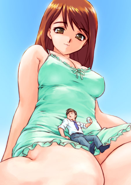 1girl breasts brown_eyes brown_hair chemise copyright_request cup giantess lap large_breasts lipstick long_hair looking_down makeup miniboy necktie on_lap pants size_difference sleeves_rolled_up smile teston thighs