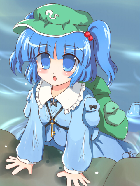 :o backpack bag blue_dress blue_eyes blue_hair collar dress hair_bobbles hair_ornament jewelry kawashiro_nitori key long_sleeves looking_at_viewer necklace open_mouth partially_submerged pendant pocket river ry solo touhou two_side_up upper_body water wet wet_clothes wet_dress