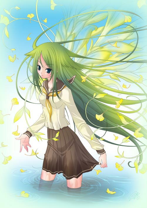 ginkgo green_eyes green_hair leaf long_hair saya saya_no_uta school_uniform shachihiko_(nabe_project) solo water wings