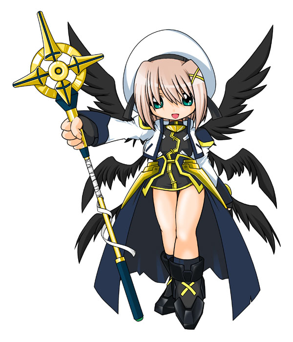 :d bad_anatomy beret black_wings hair_ornament hat holding holding_staff kei_(fortune) looking_at_viewer lyrical_nanoha mahou_shoujo_lyrical_nanoha mahou_shoujo_lyrical_nanoha_a's multiple_wings open_mouth polearm schwertkreuz simple_background smile solo staff standing thigh_gap unison weapon white_background wings x_hair_ornament yagami_hayate