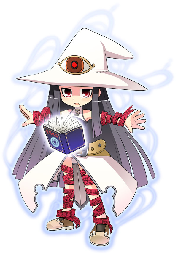 black_hair book chibi hat long_hair minami_juujisei pixiv_fantasia pixiv_fantasia_1 red_eyes solo witch_hat