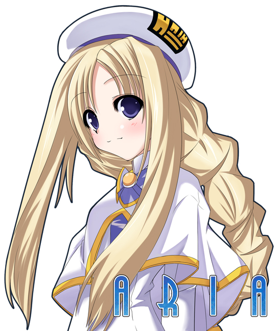alicia_florence aria beret blonde_hair blush braid brooch capelet chu closed_mouth copyright_name dress gem hat jewelry long_hair looking_at_viewer sidelocks simple_background single_braid smile solo uniform upper_body white_dress