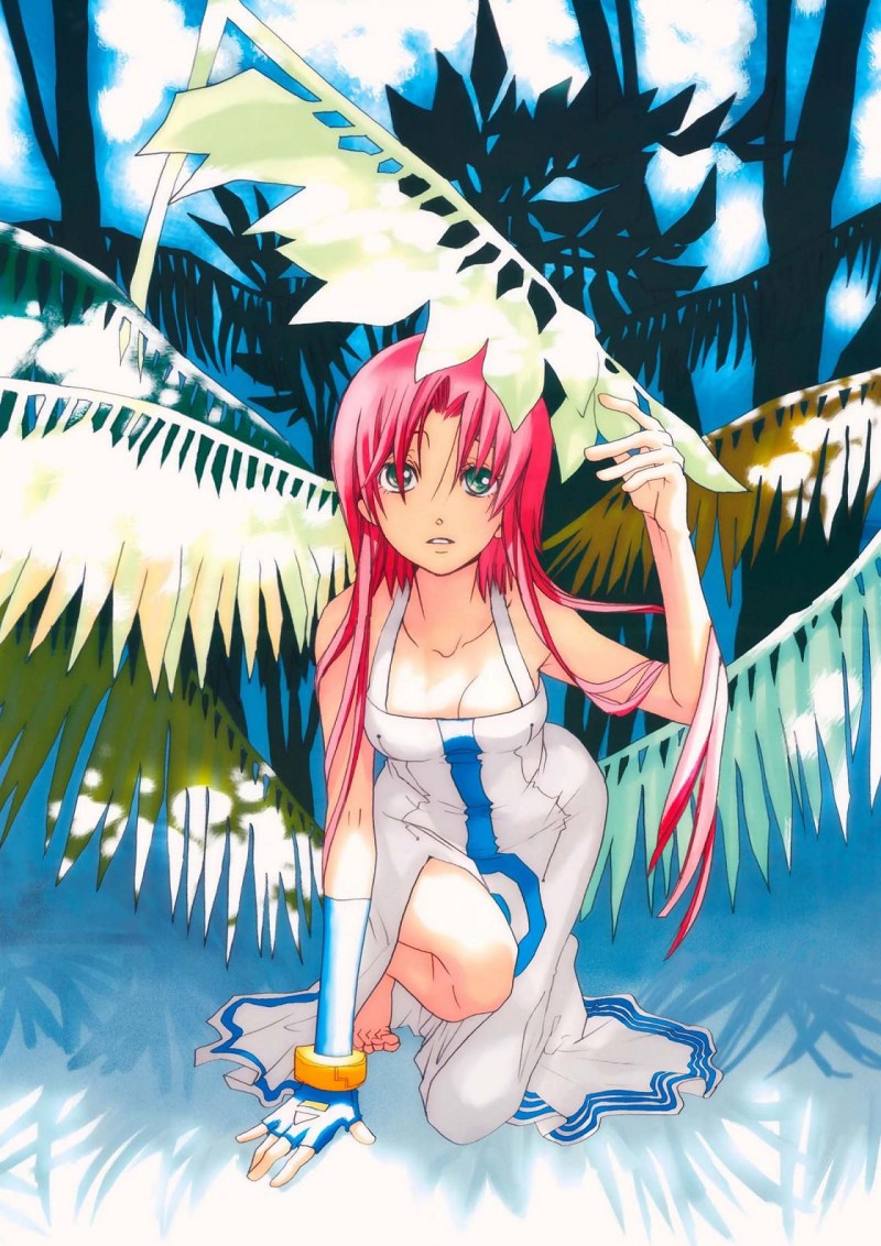 alternate_hairstyle amano_kozue aria arm_up armpits bare_shoulders breasts cleavage collarbone dress fingerless_gloves forest gloves green_eyes long_hair looking_at_viewer medium_breasts mizunashi_akari nature official_art outdoors palm_tree pink_hair plant short_hair_with_long_locks side_slit sidelocks single_glove solo tree white_dress