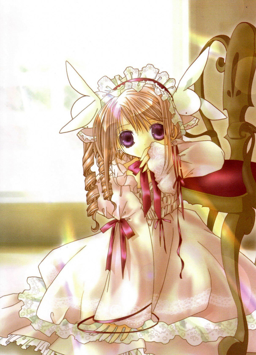 bunny_hair_ornament chair covering_mouth dress hair_ornament hairband highres indoors koge_donbo lolita_fashion lolita_hairband long_hair long_sleeves looking_at_viewer misha_(pita_ten) official_art on_floor pink_dress pita_ten purple_eyes ringlets scan sitting solo