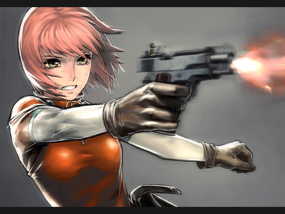 bodysuit casing_ejection clenched_teeth firing gloves gun handgun holding holding_gun holding_weapon iwai_ryou m1911 mezzo_danger_service_agency mezzo_forte motion_blur muzzle_flash pink_hair pistol recoil red_bodysuit shell_casing shirt short_hair solo suzuki_mikura sweat taut_clothes taut_shirt teeth weapon yellow_eyes