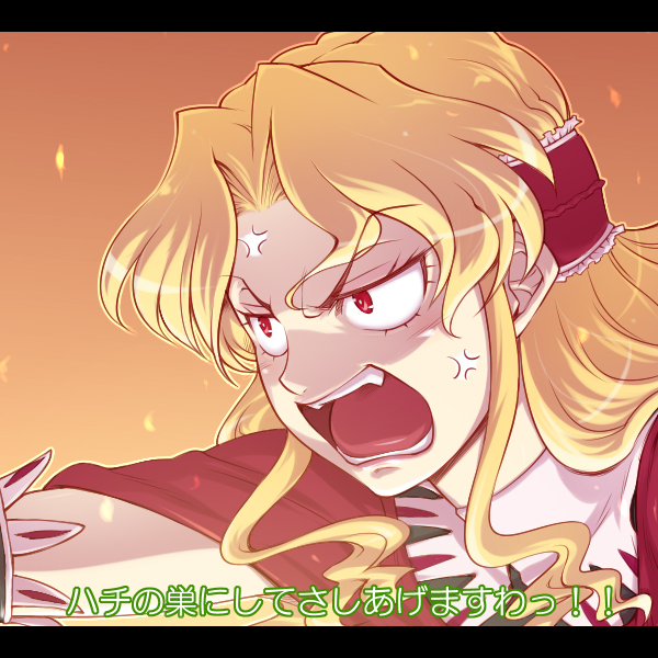 angry blonde_hair constricted_pupils coyote_ragtime_show fang hairband hairu january_(coyote_ragtime_show) open_mouth red_eyes solo translation_request