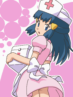 awa blue_eyes blue_hair bow first_aid_kit hat hikari_(pokemon) long_hair looking_back lowres nurse nurse_cap oekaki pokemon solo upskirt