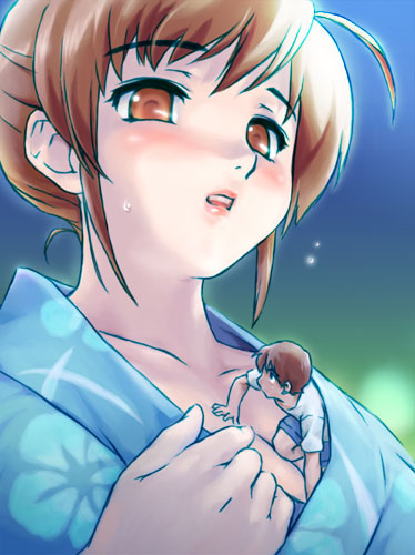 1girl between_breasts blush breasts brown_eyes brown_hair cleavage copyright_request giantess japanese_clothes kimono lipstick lowres makeup medium_breasts miniboy person_between_breasts size_difference teston yukata