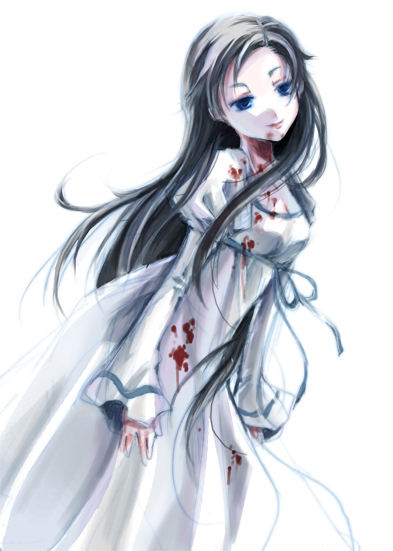 black_hair blood blood+ blue_eyes diva_(blood+) dress izumiya_otoha long_hair simple_background smirk solo white_dress