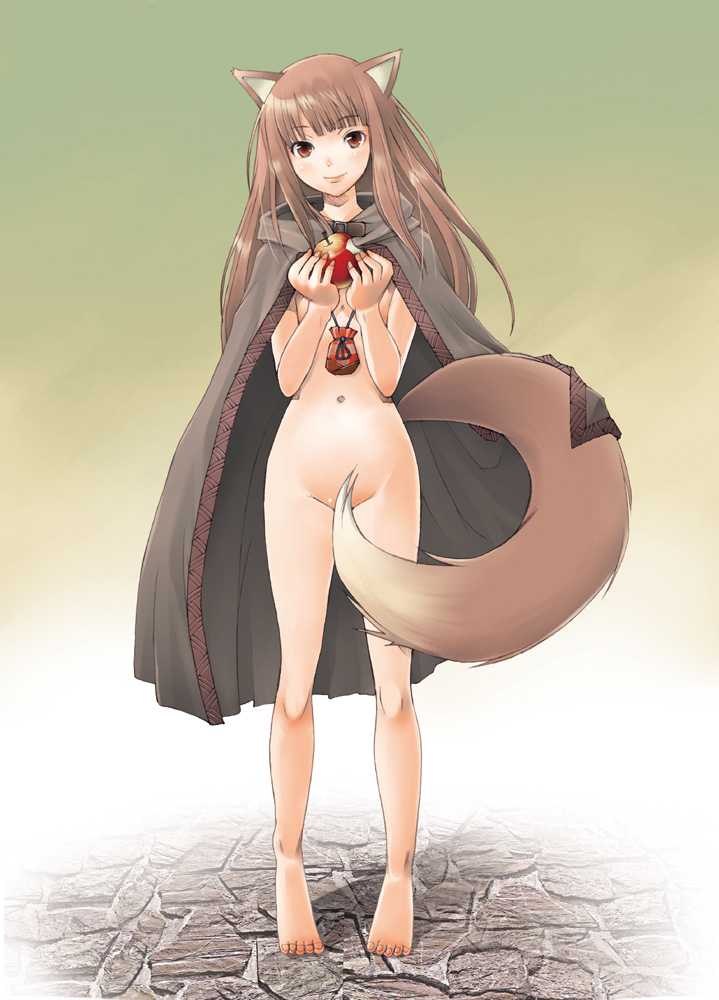 animal_ears apple barefoot brown_hair cape cobblestone food fruit full_body gradient gradient_background holding holding_food holding_fruit holo long_hair naked_cape navel nude red_eyes sakai_hamachi smile solo spice_and_wolf standing tail tail_censor wolf_ears
