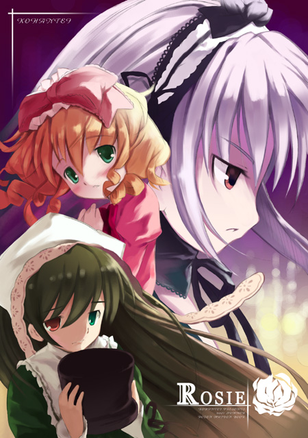 blonde_hair blush bow brown_hair drill_hair floating_hair green_eyes hairband hands_on_own_chest hat hat_removed headwear_removed heterochromia hina_ichigo holding holding_hat long_hair looking_down multiple_girls noripachi pink_bow profile puffy_sleeves red_eyes rozen_maiden sad suigintou suiseiseki top_hat very_long_hair