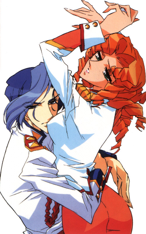 1girl 90s arisugawa_juri artist_request blue_hair curly_hair green_eyes hug official_art orange_hair shoujo_kakumei_utena tsuchiya_ruka white_background