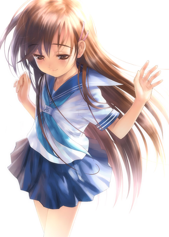 :3 blush brown_eyes brown_hair cowboy_shot goto_p hair_ornament hairclip hands long_hair narcissu neckerchief pleated_skirt sakura_setsumi school_uniform serafuku shirt short_sleeves skirt smile solo very_long_hair white_background