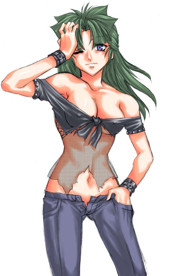 artist_request bare_shoulders blue_eyes breasts cleavage copyright_request denim fishnets green_hair jeans large_breasts long_hair midriff no_panties non-web_source pants solo