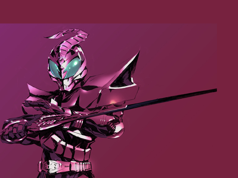 armor belt bodysuit commentary_request green_eyes helmet holding holding_sword holding_weapon kamen_rider kamen_rider_kabuto_(series) kamen_rider_sasword looking_at_viewer male_focus pauldrons purple shimoguchi_tomohiro solo spot_color sword upper_body weapon