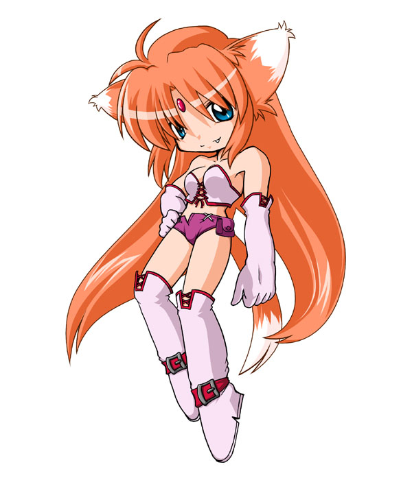 ahoge arf armor armored_boots blue_eyes blush boots clenched_hand collarbone floating gauntlets hand_on_hip kei_(fortune) looking_at_viewer lyrical_nanoha mahou_shoujo_lyrical_nanoha orange_hair revealing_clothes short_shorts shorts smile solo strapless thigh_boots thighhighs tubetop